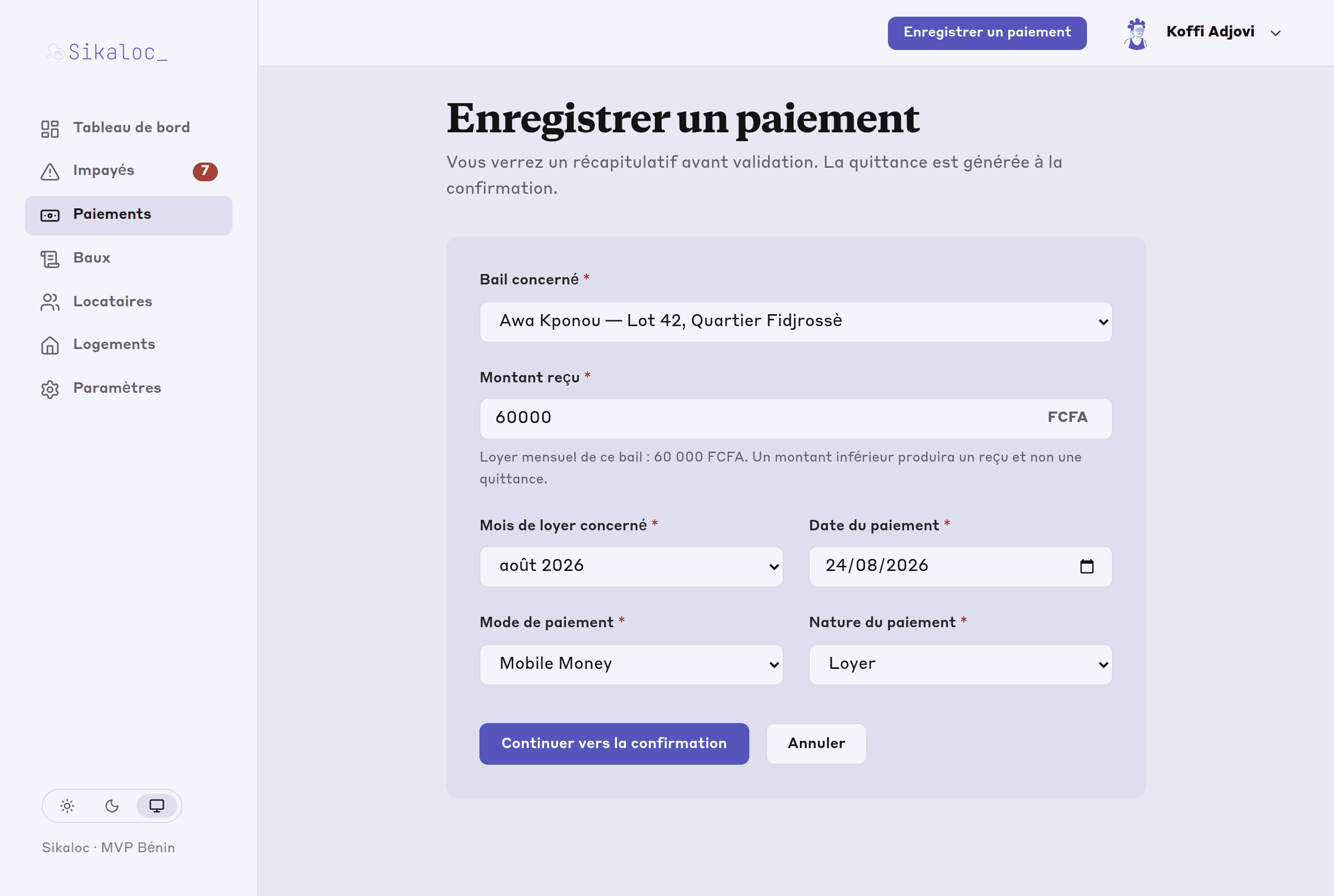 Formulaire d’enregistrement d’un paiement : bail, montant, mois concerné, mode de paiement.